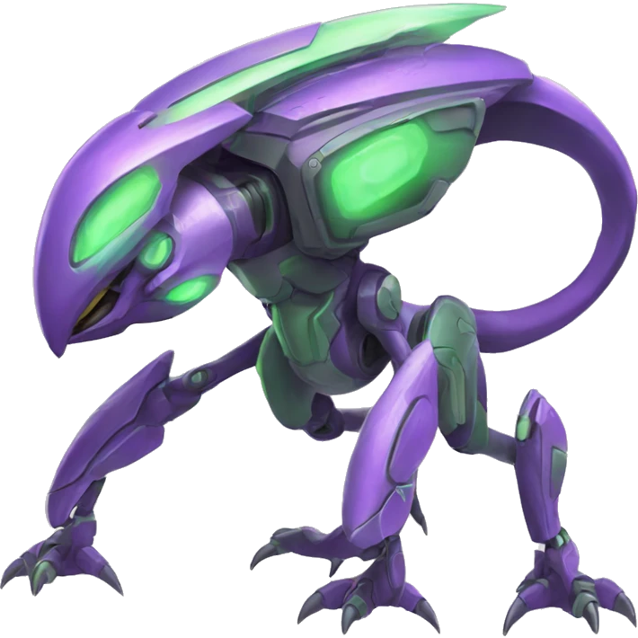 a purple-green Genesect-Raptor-Fakémon—hybrid with a futuristic visor-helmet full body emoji