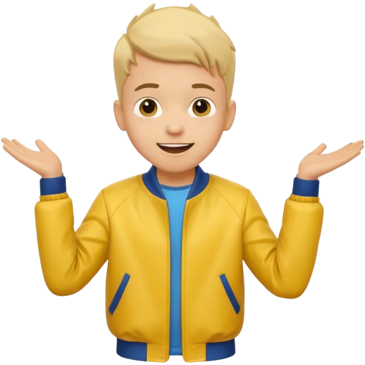 excited boy with good hair cut shrugging his shoulder, wearing yellow jacket and smile emoji