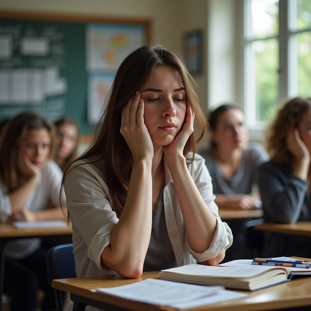 exhausted teacher in a bustling classroom emoji