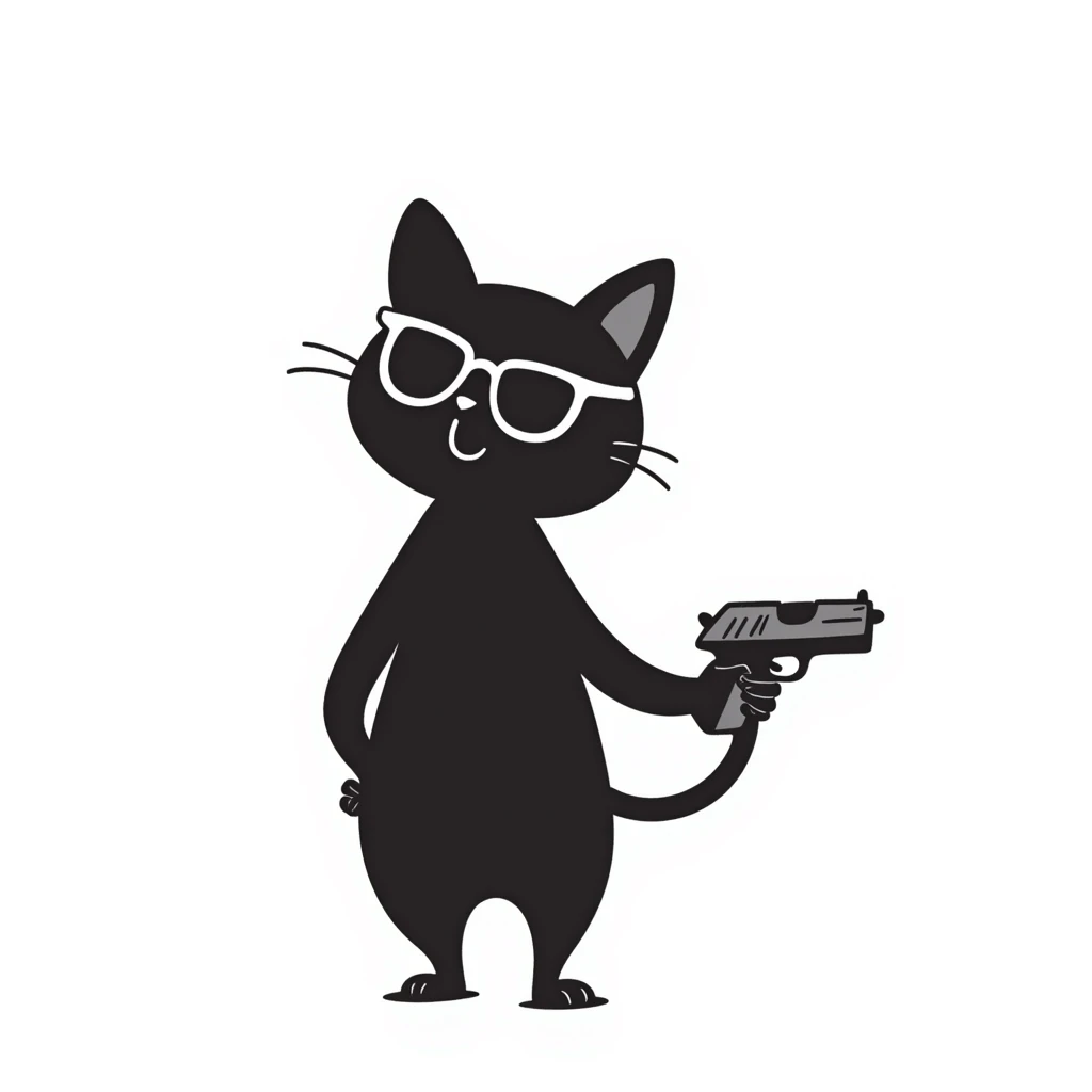 A cat with glasses and a gun emoji