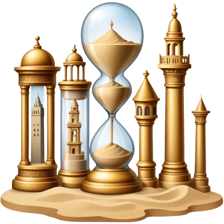 icon featuring ancient scrolls, quill pen with famous historical landmarks and monuments in the background. Large, antique sand clocks with sand pouring out represent the passage of time. Historical figures are depicted as statues. Transparent background. emoji