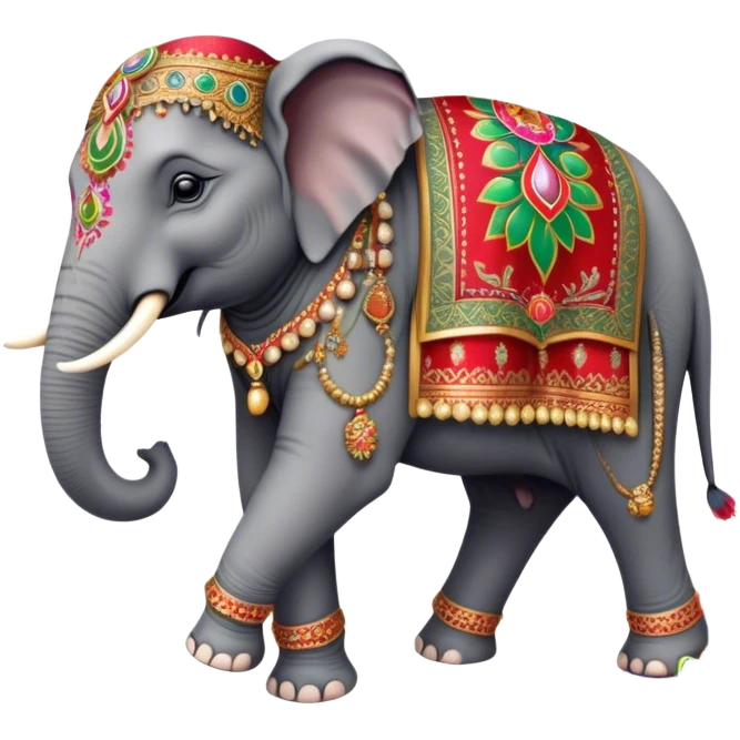 Decorated Indian elephant – Cinematic Realistic Decorated Indian Elephant, depicted as a majestic elephant adorned with vibrant, ornate ceremonial decorations and rich, colorful fabrics, set against a festive Indian backdrop with warm golden lighting that highlights its cultural significance. emoji