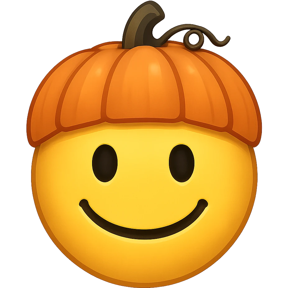 yellow face with orange pumpkin hat, digital illustration, emoji style, no background emoji