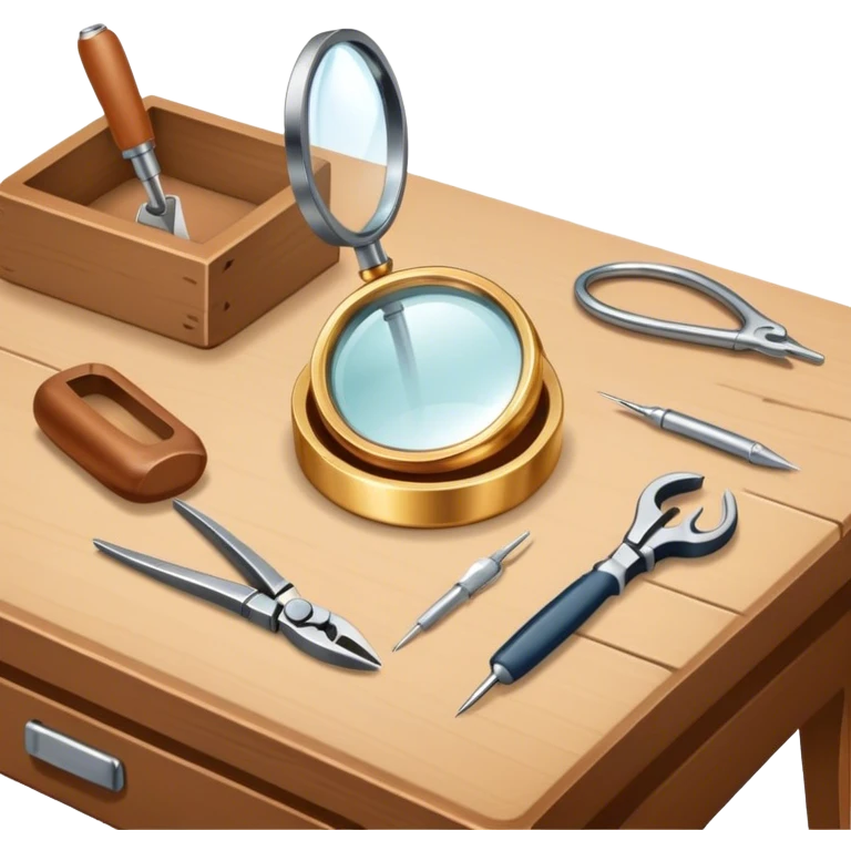 Create an icon that represents the art of jewelry making. The design should feature 1-2 pieces of jewelry, such as a ring or necklace, in progress. Include a small workbench or table, a magnifying glass, and tools like pliers and tweezers. The composition should feel elegant and detailed, showcasing the precision and skill involved in crafting jewelry. The background should be transparent. emoji