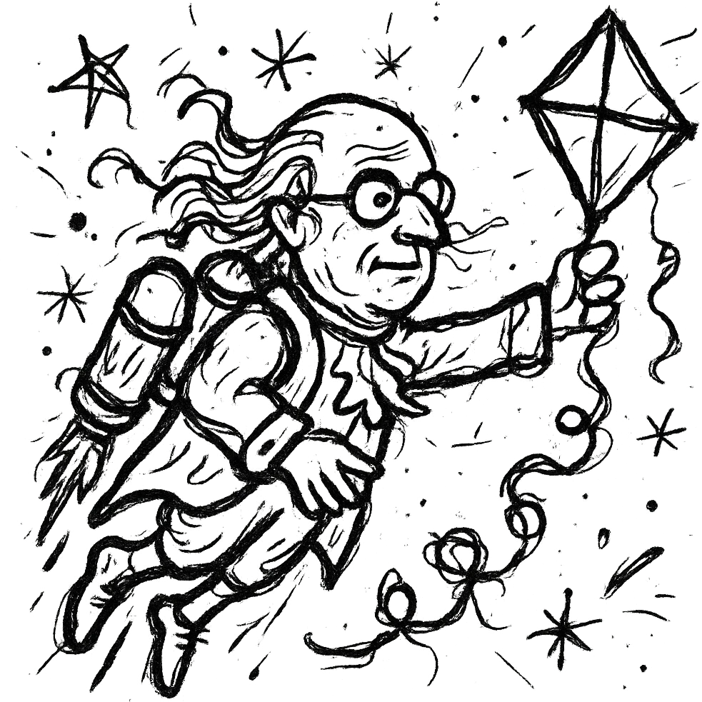 Ben Franklin with jetpack, left hand holding diamond kite, right arm out as if flying, minimalist black outline, slightly chaotic lines emoji