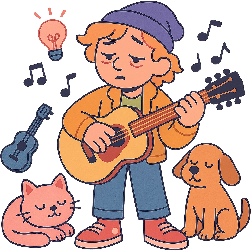 sleepy, creative musician with musical instruments, trendy clothes, and animal friends emoji