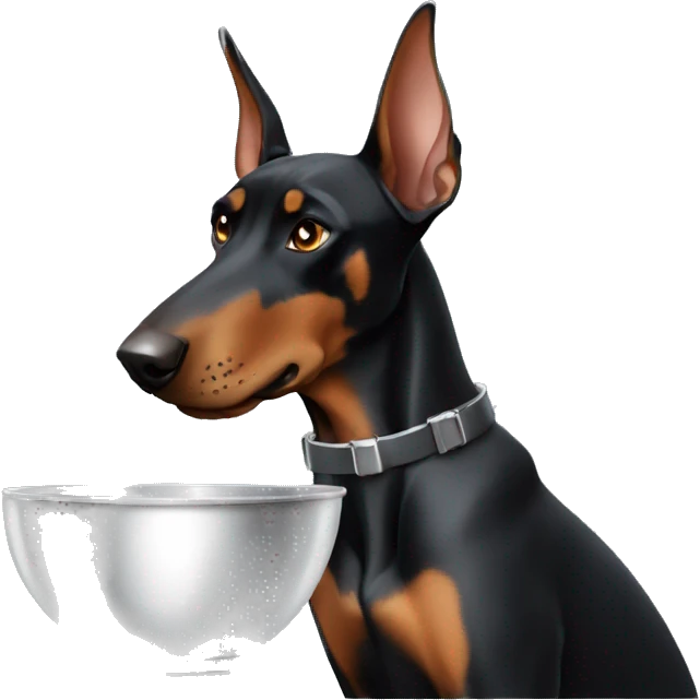 Doberman with pointed ears holding a silver bowl  emoji