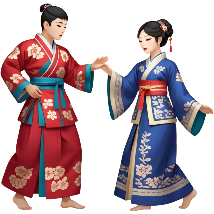 Cinematic Realistic scene of two performers engaging in Ganggangsullae, dressed in traditional Korean costumes with intricate patterns and graceful movements, illuminated by soft, festive lighting that accentuates the cultural ambiance emoji