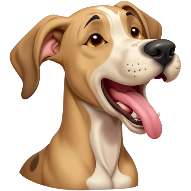Cinematic Cute Yawning Fawn Great Dane Portrait Emoji, Head tilted slightly with a dramatic, wide-open yawn, revealing a smooth fawn coat with a refined texture, floppy ears slightly drooping, round amber eyes barely open in drowsy contentment, Simplified yet irresistibly adorable features, highly detailed, glowing with a soft, cozy glow, high shine, relaxed yet expressive, stylized with a touch of whimsy, bright and endearing, soft glowing outline, capturing the essence of a sleepy yet affectionate guardian, so drowsy it feels like it could stretch out of the screen and curl up for a nap! emoji