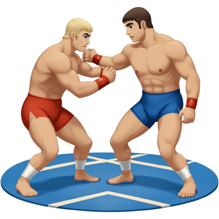An icon showcasing two wrestlers engaged in a Greco-Roman wrestling match. The athletes are locked in a strong clinch, using their upper bodies to dominate. The background features a wrestling mat and traditional Greco-Roman elements. Transparent background. emoji