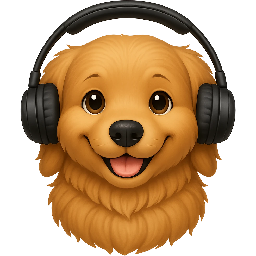 A smiling golden retriever emoji with a standard headset, round face, and no background. emoji