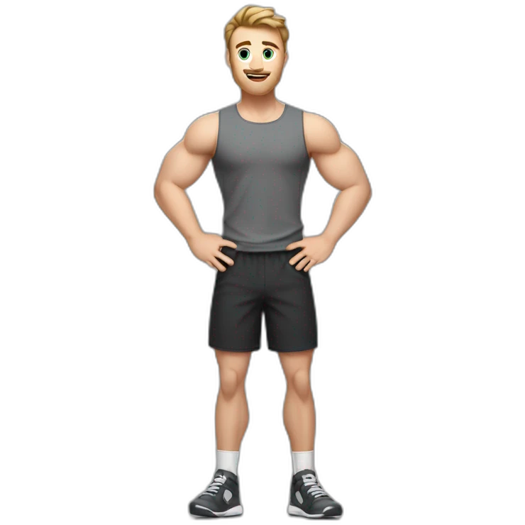 Full height Actively gesturing with hands Pale skinned Fit Man With the biceps and brown hair in dark gray Sleeveless Mike, black oversize sports shorts, Wrist watch and white Sneakers emoji