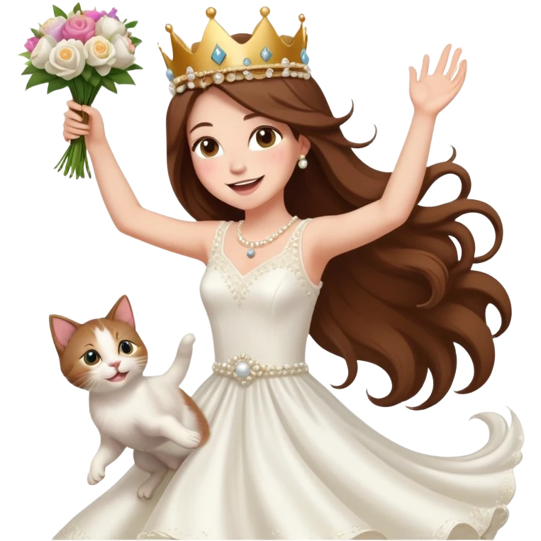 White woman - long hair - white wedding dress - holding a kitten - happy - jumping - stylish - elegant - bouquet - dreamy - colorful - wearing a crown - pearl accessories emoji