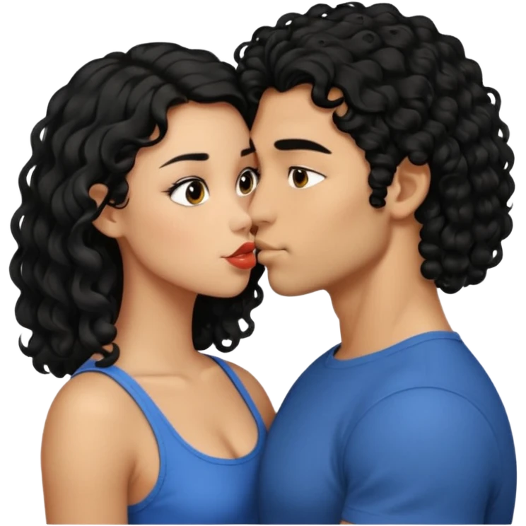 a strong man with short straight black hair kissing a shorter girl with long black curly hair emoji