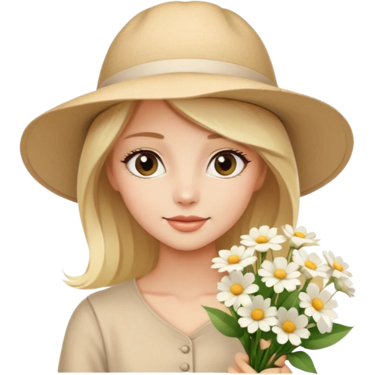 beautiful blonde girl in a summer beige hat with a bouquet of white flowers emoji