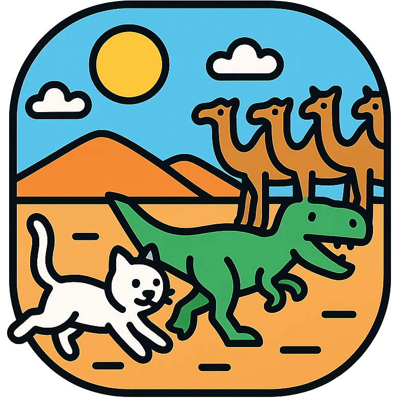 A white cat chasing a T-Rex in the desert with a herd of camels staring at them emoji