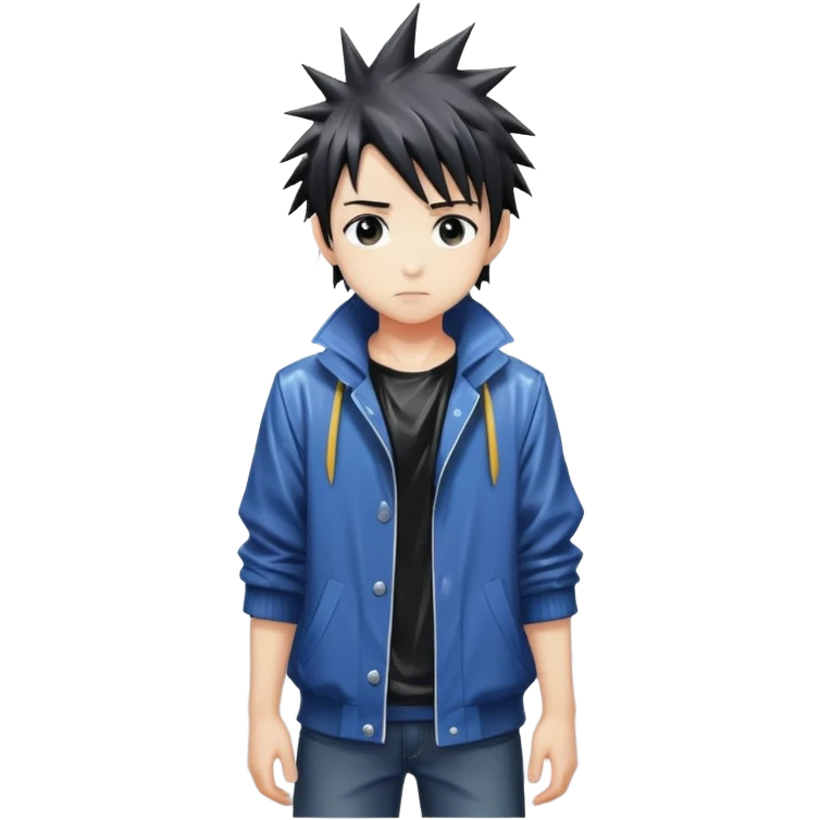 Anime-style boy with spiky hair standing alone in the rain, anime aesthetic emoji