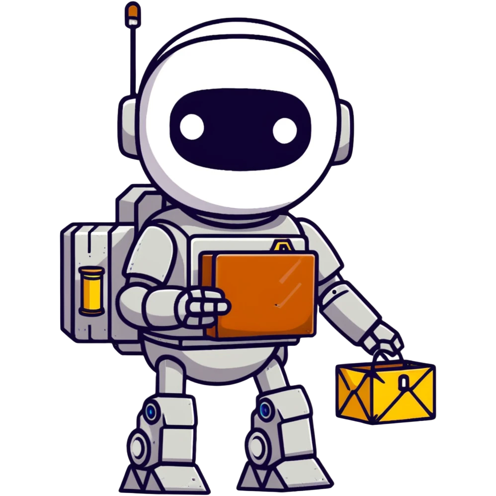 Rusted scavenger robot with patchwork body plates carrying collected treasures emoji