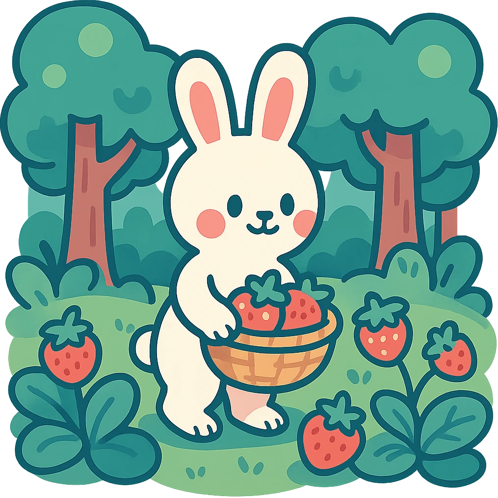 bunny picking strawberries in the woods, sweet pastel red, vibrant toon style emoji