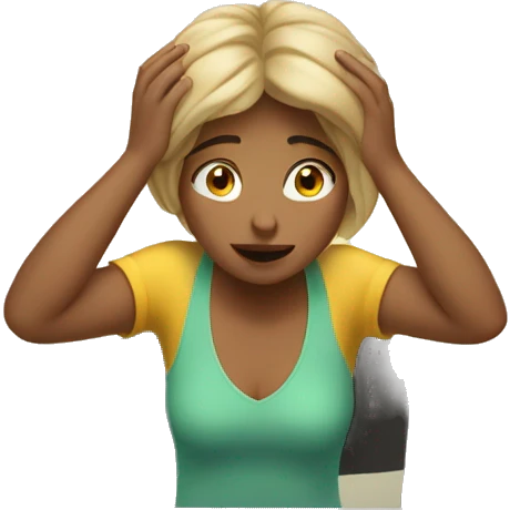 full body girl sitting at her desk with hands on her head, visibly frusturated.  emoji