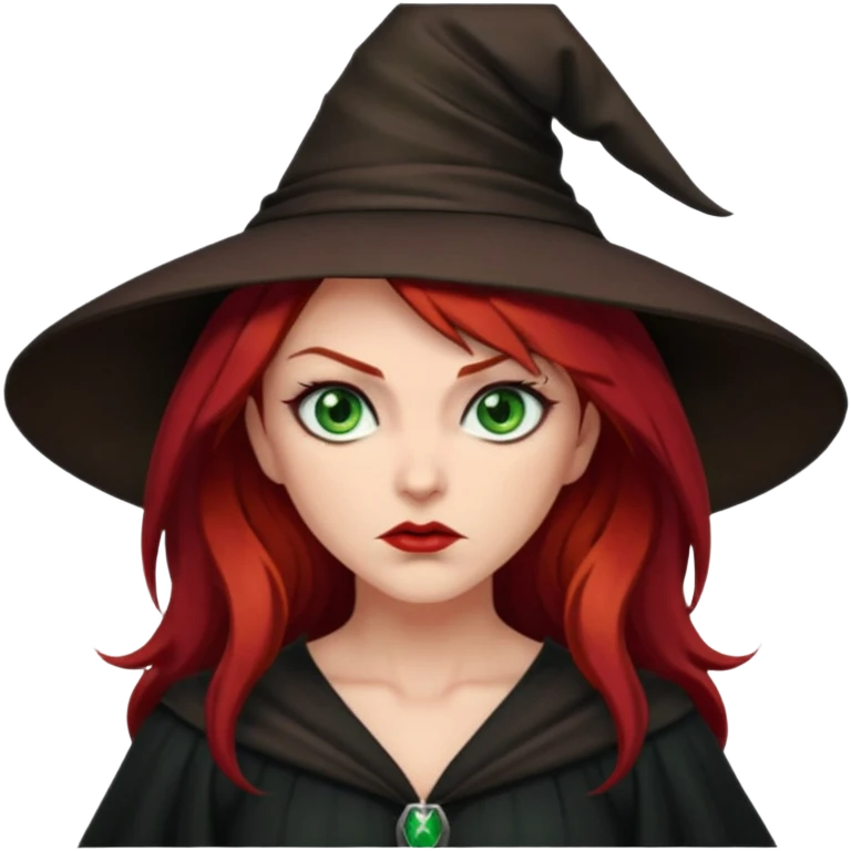 Dark blood Red haired witch. Green eyes annoyed. Sexy attitude. emoji