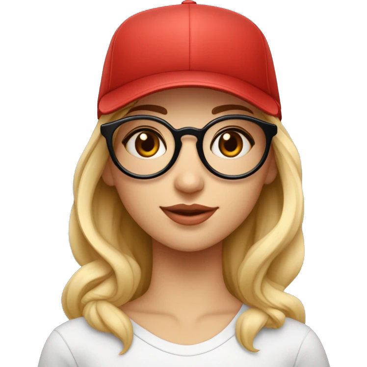 Une fille avec une casquette rouge et une paire de lunette ronde, elle a les yeux plus petit que la norme et elle est mignonne, elle a la peau blanche  emoji
