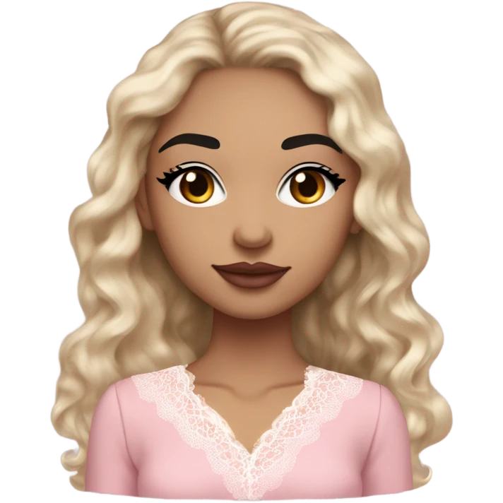 Light skin girl with Cupid bow lips and long eyelashes and black eyes straight eyebrows and wavy long black hair pink blush on cheeks wearing flare lace shirt  emoji