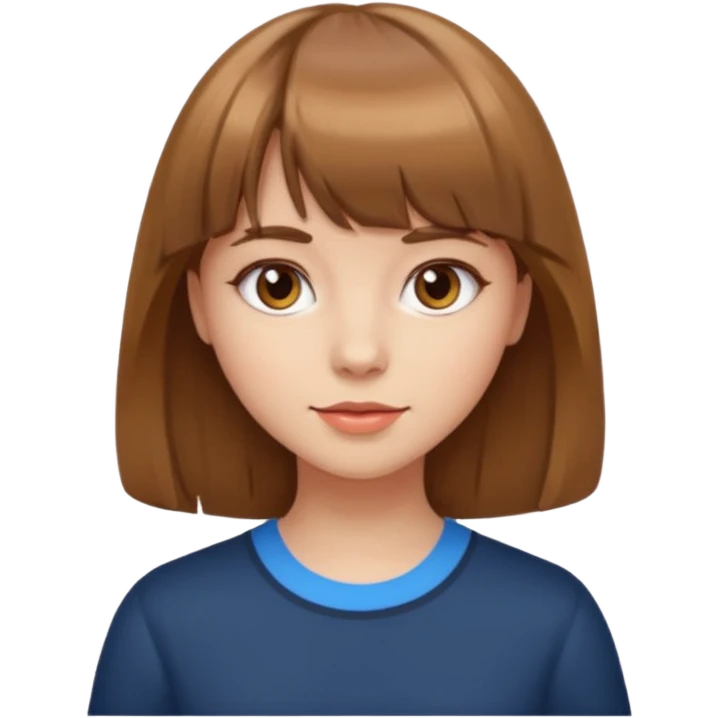 uma garota com cabelos médios, pele branca, cabelo cor castanho claro, de franja emoji
