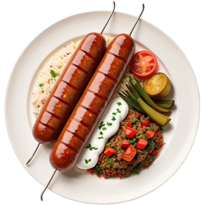 Cinematic Realistic image of a long, sausage-shaped Turkish Köfte, rendered with richly spiced meat textures and subtle grill marks, artfully arranged on a traditional Turkish ceramic plate alongside classic sides such as a serving of aromatic pilaf, crisp grilled vegetables, and a dollop of creamy yogurt, all bathed in warm, appetizing lighting that emphasizes its savory allure. emoji