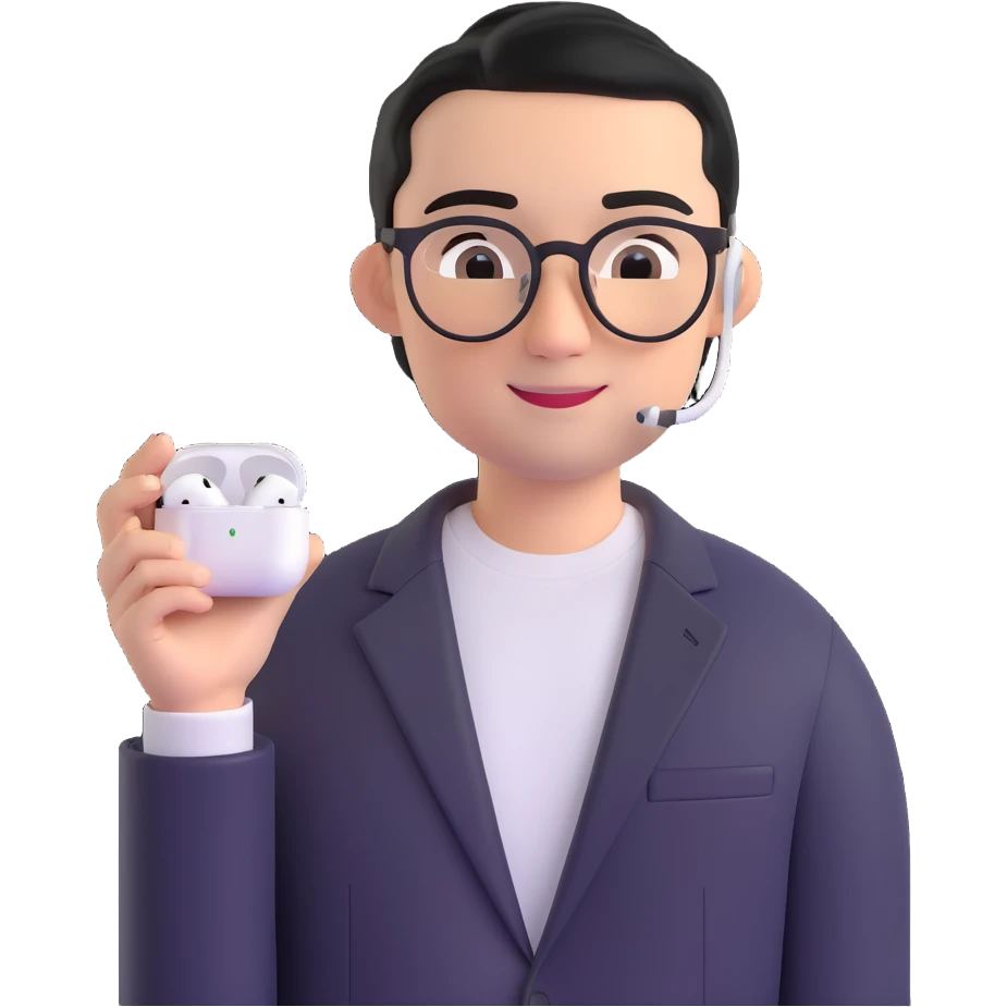 Memoji-style 3D cartoon male, light skin, short black hair parted to one side, round black eyes, thin arched brows, sharp nose, smiling, round glasses, silver AirPods Max headphones, black blazer, white T-shirt, smart casual, curious and attentive, podcast host emoji