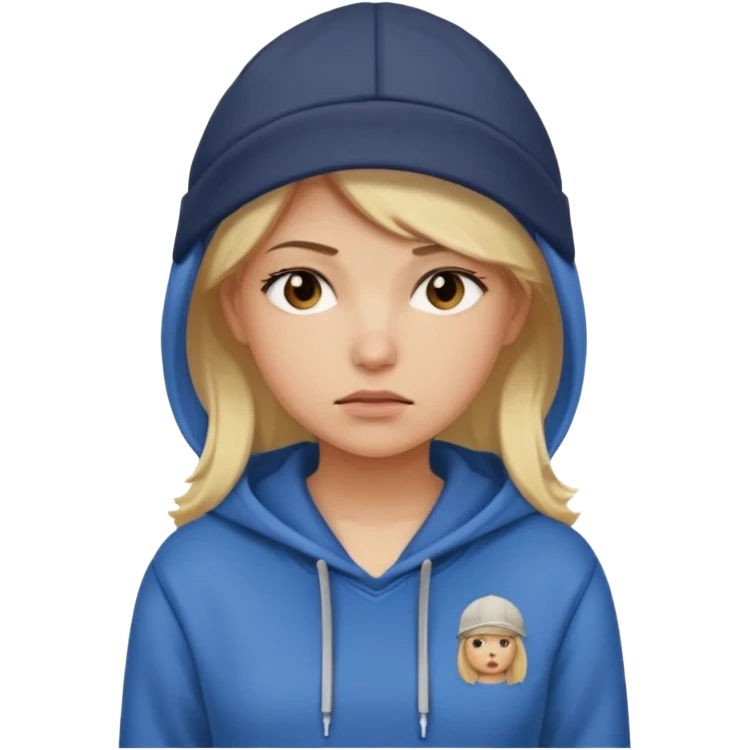 Blonde female tech developer going back to work after christmas holidays, looking tired and wearing a hoodie and cap emoji