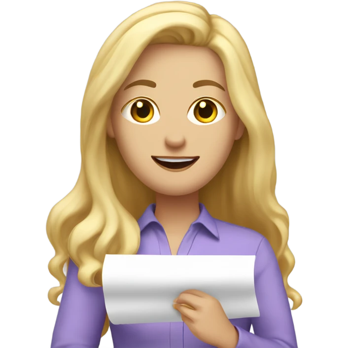 White woman with long blonde hair, wearing a lavender shirt, showing off a completed to do list, celebrating  emoji