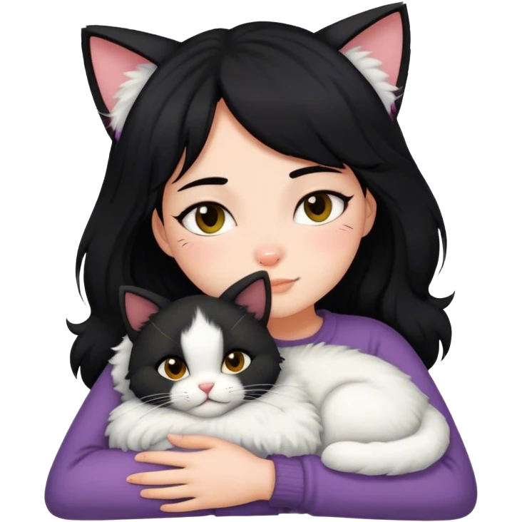 Black hair girl snuggling a fluffy ruffian (cat) emoji
