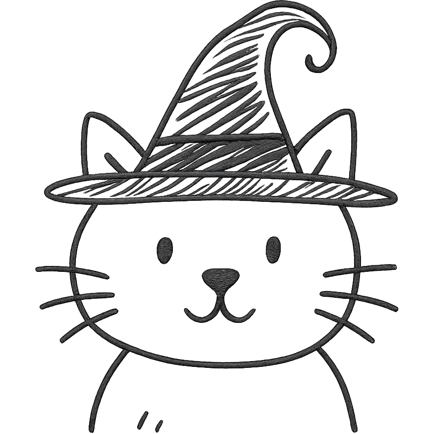 cat with a black hat, hand drawn outline icon style emoji
