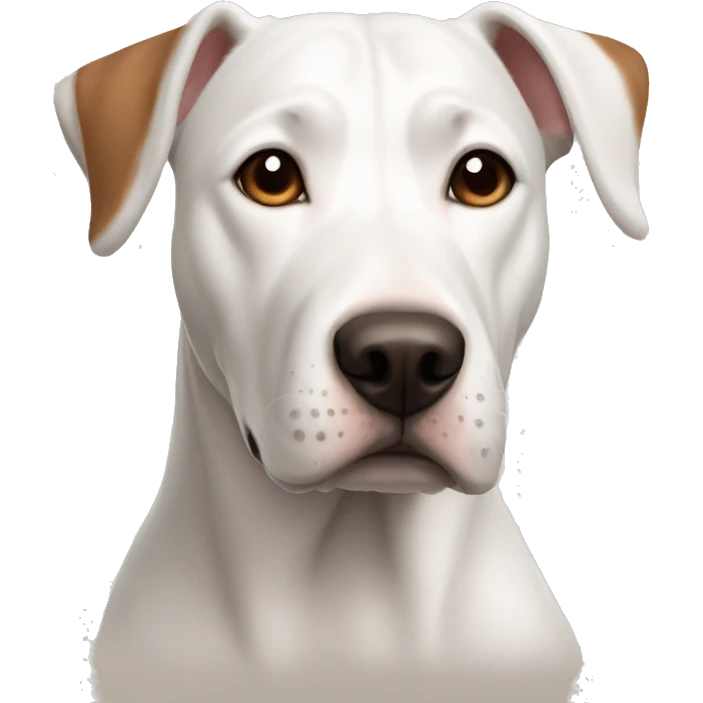 a beautiful white dog with brown eyebrows of the Amstaff breed with uncapped ears emoji