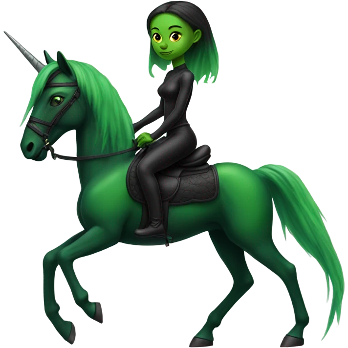 a green amazon alien woman on a black unicorn emoji