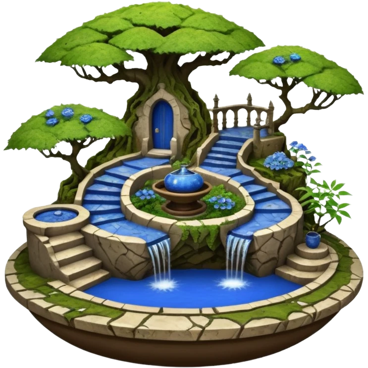Alien saucer house jungle-vines stairway fountain mountain-island landscape antique mudman very old broken cracked intricate Stone Age lapis-crusted irregular dodecagon-shaped shallow dark moss rough bark blue serissa flowered maple tree bonsai pot emoji