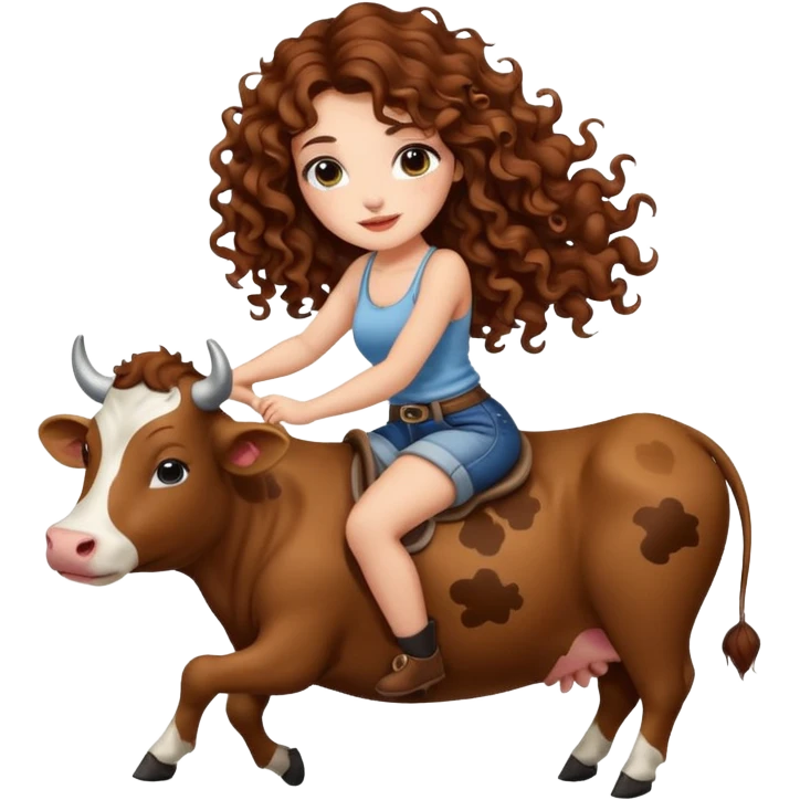 cute woman long curly brown hair tattoos riding gentle cow emoji