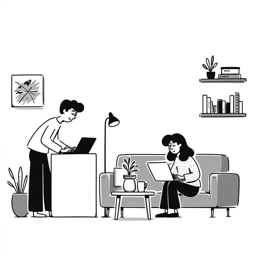 escenary 3d of a cozy mid-century living room with two people working on laptops, one man standing at a desk and one woman sitting on a couch, two walls and floor visible emoji