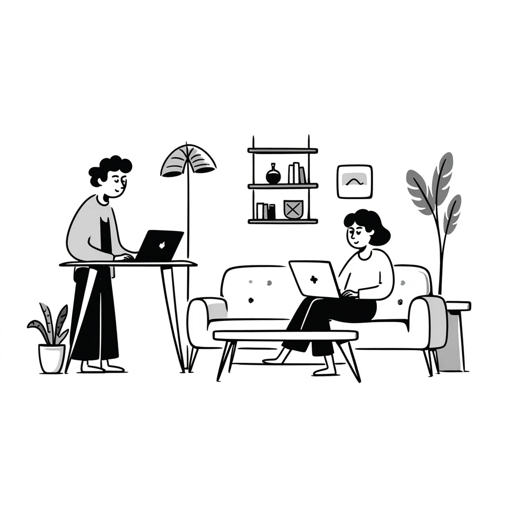 escenary 3d of a cozy mid-century living room with two people working on laptops, one man standing at a desk, and one woman sitting on a couch emoji