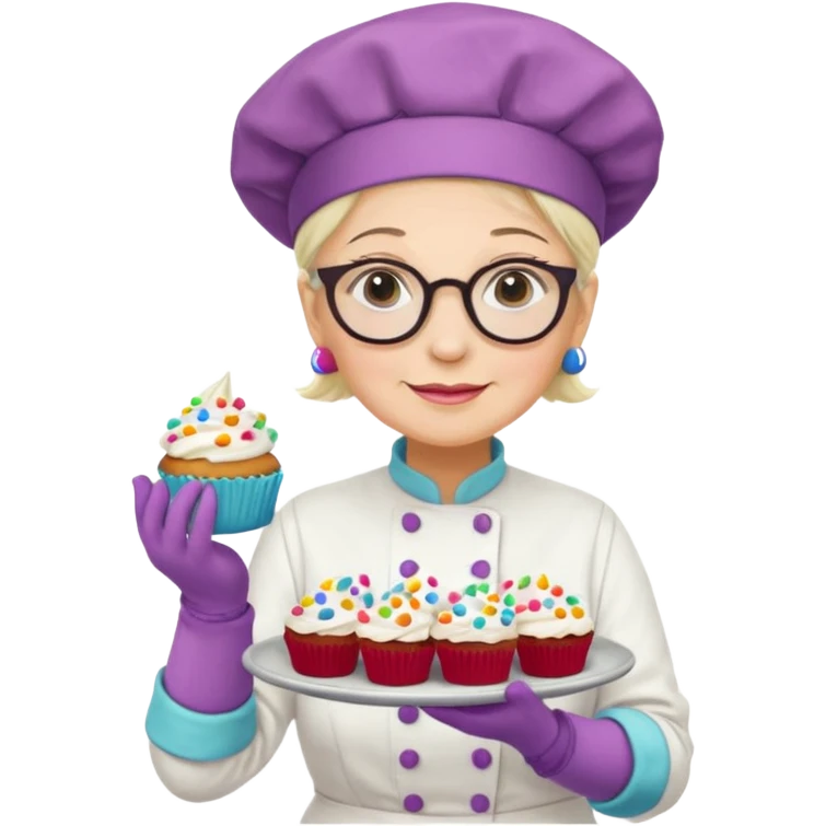 Older female pastry chef – round glasses, oven mitts on, holding a tray of cupcakes

 emoji