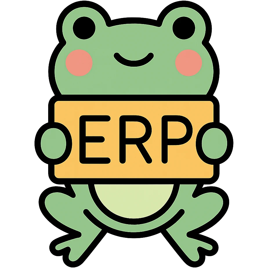 frog holding a sign that says ERP, colorful outlined icon style emoji