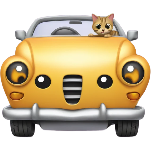 A cartoon emoji-style car with a curious cat peeking out from the open hood of the engine compartment. emoji