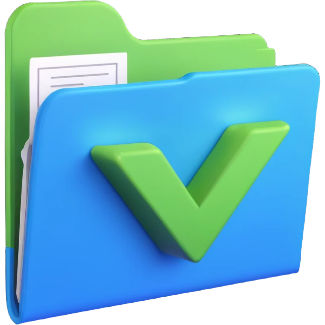 3D style illustration of a blue folder with a prominent green V checkmark icon emoji