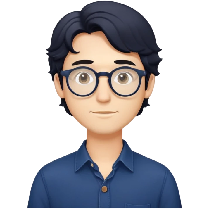 Young caucasian man with slightly longer wavy black hair, round glasses, torso only, wearing dark blue relaxed buttoned-up shirt emoji