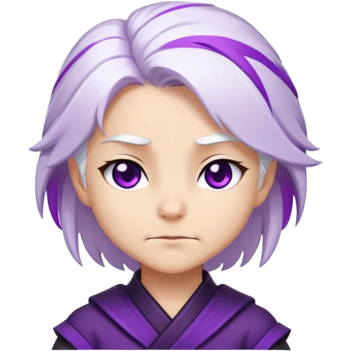 Chibi Sable Ward with smirk expression, confident side smile, raised eyebrow, white hair with purple streaks, fully purple eyes, smug look emoji