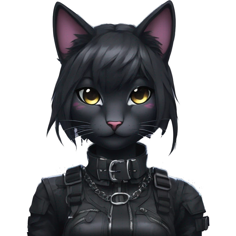 Gorgeous edgy epic futuristic punk gothic dark techwear anime style anthro cat with blushing face aesthetic and pretty edgy black with collar and harness trending style emoji