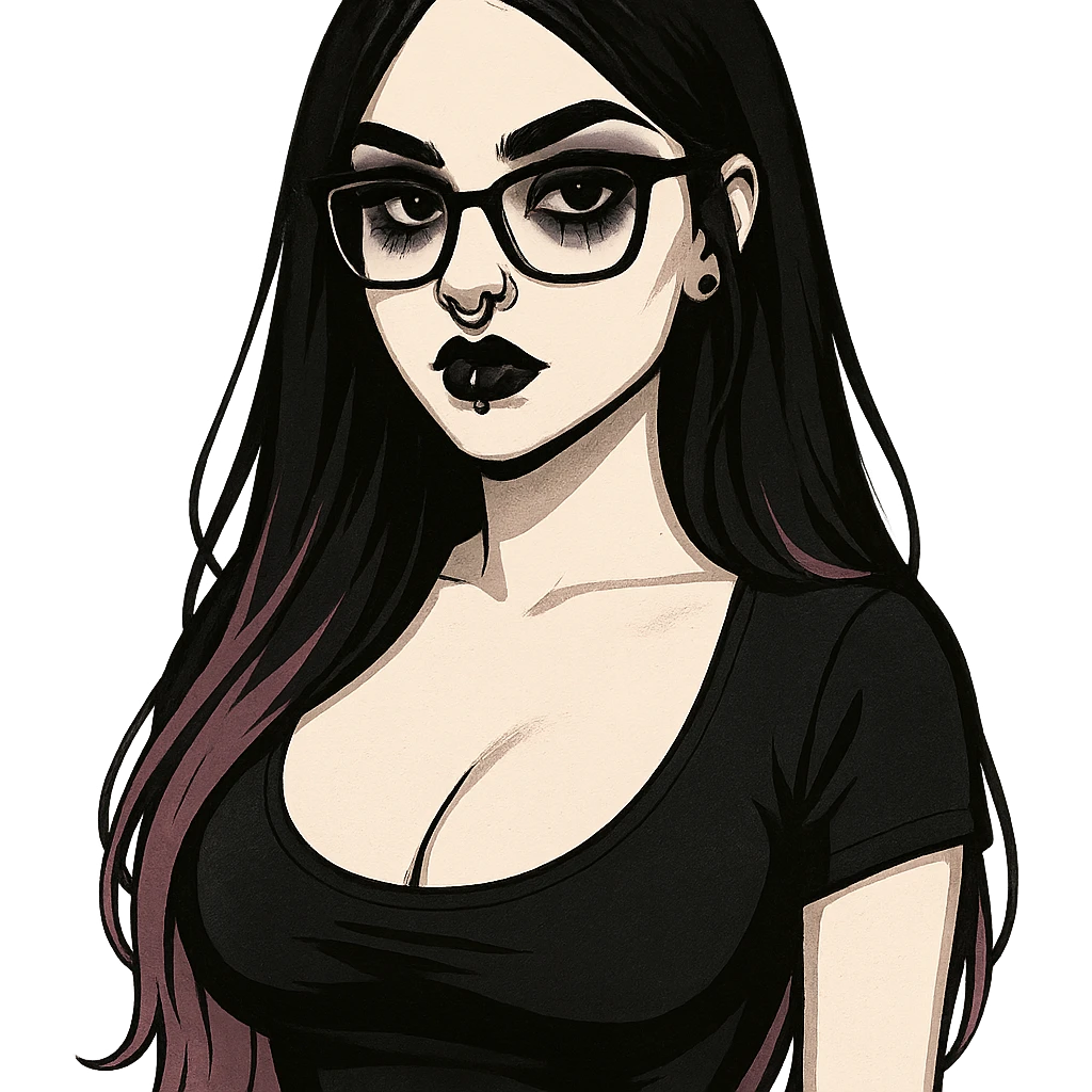 modern illustration of a gothic pale girl with nose and lip piercings, long black hair with pink ends, heavy eye makeup, glasses, and voluptuous chest emoji