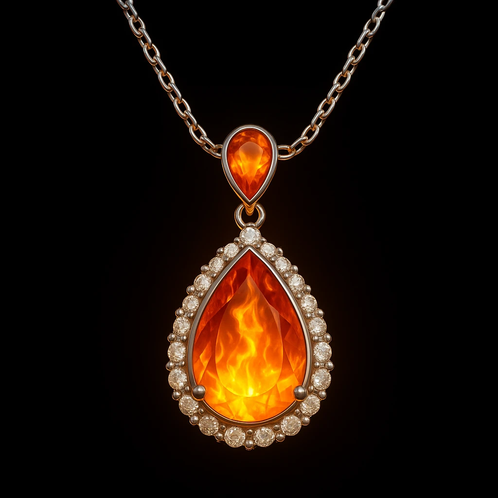 Add a yellow fiery light to the teardrop ruby pendant, representing transformation and rebirth emoji