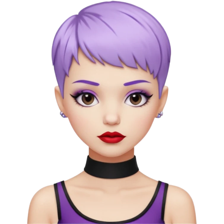 fashionista white girl, pastel purple short pixie hair, black choker, red lipstick, lip ring, raised eyebrows, smirk emoji